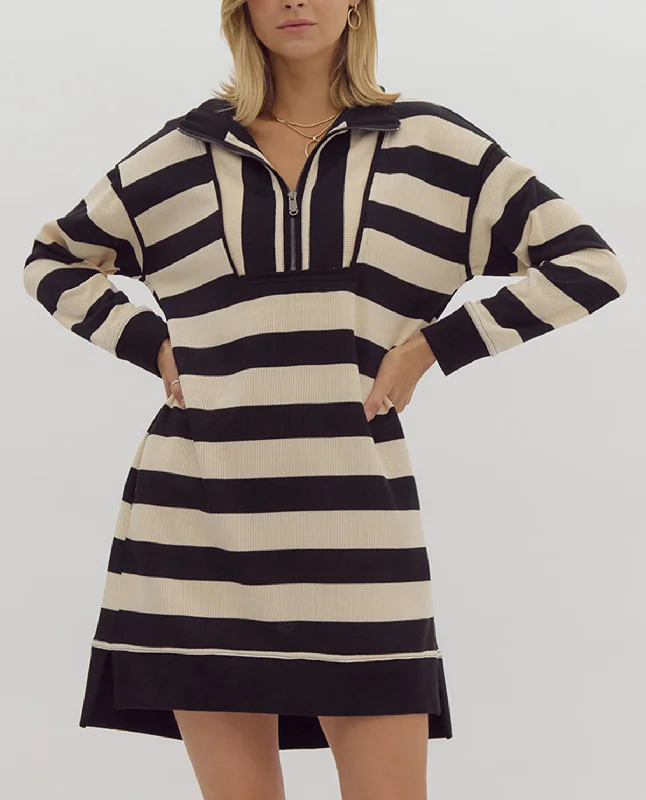 Long Sleeve Quarter Zip Striped Mini Dress