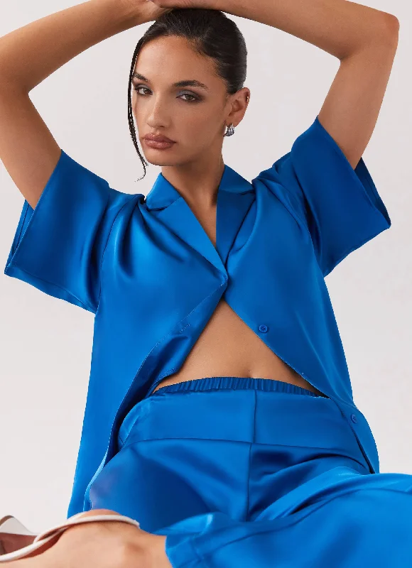 Palm Cove Satin Shirt - Cobalt