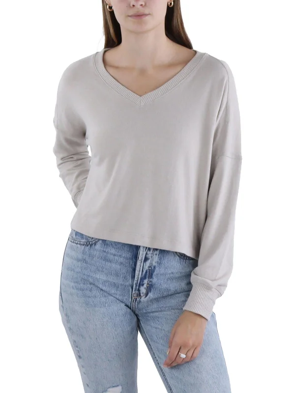 Womens V-Neck Ribbed Trim Pullover Sweater