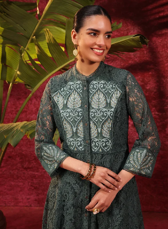 Sitara Forest Green Embroidered Raschel Net Designer Kurta