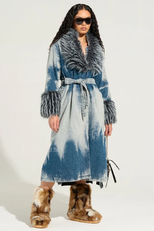 LIV FUR TRIM DENIM TRENCH