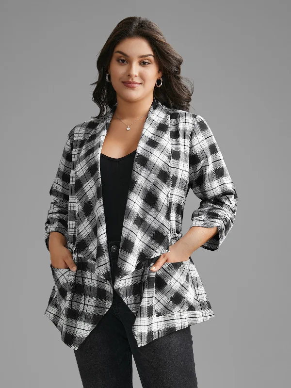 Plaid Drawstring Patched Pocket Coat