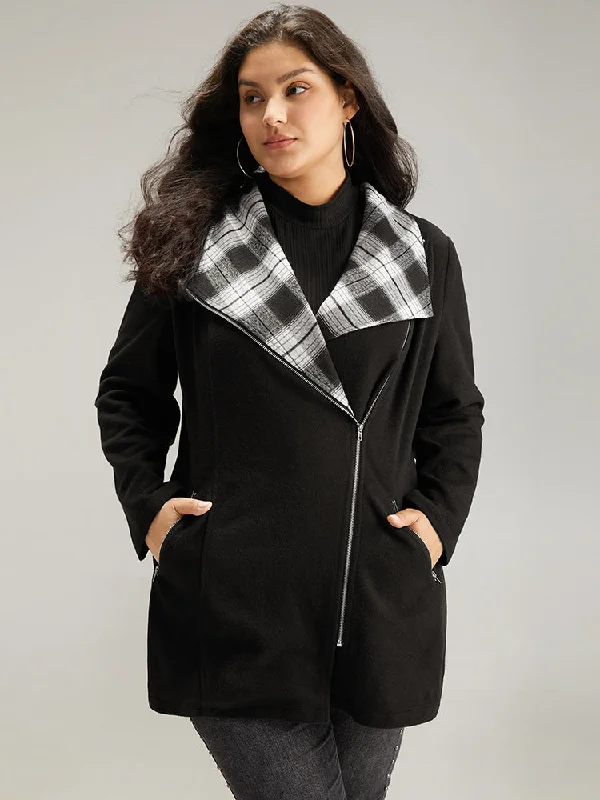 Plaid Patchwork Lapel Collar Zipper Coat